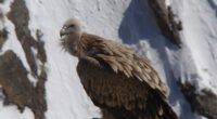 A Himalayan griffon vulture standing on rocky ground in Spiti, India.