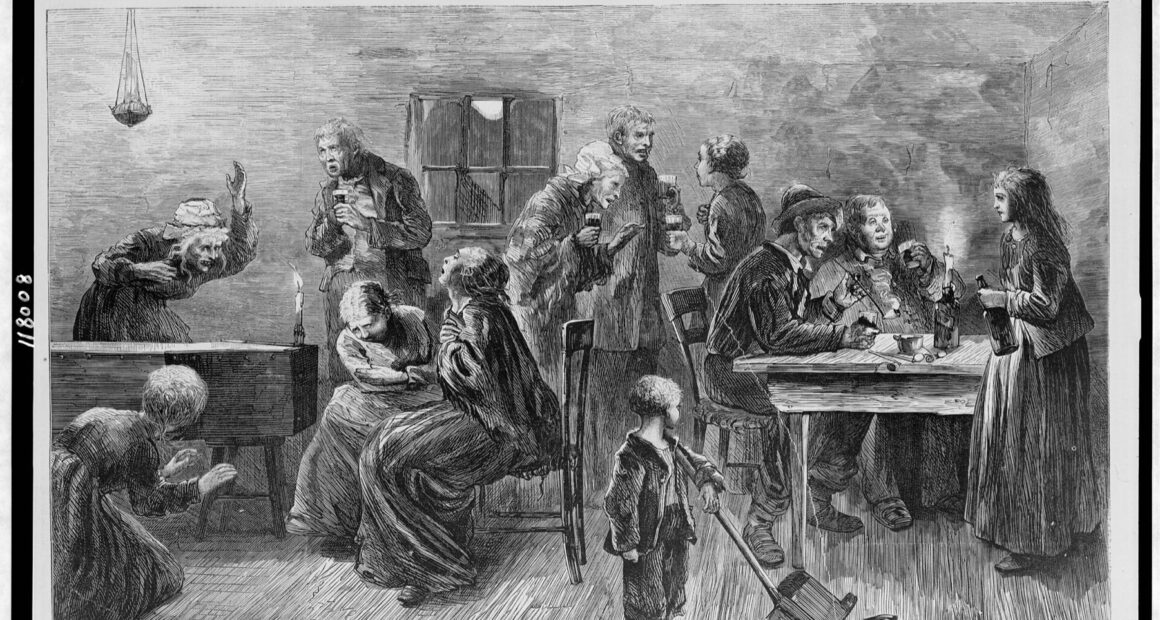 Nineteenth-century wood engraving of mourners at a wake in a cottage room, some seated by the body, others drinking at a table.