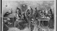 Nineteenth-century wood engraving of mourners at a wake in a cottage room, some seated by the body, others drinking at a table.