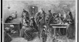 Nineteenth-century wood engraving of mourners at a wake in a cottage room, some seated by the body, others drinking at a table.