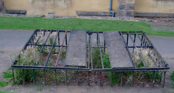 An iron cage, called a mortsafe, enclosing a grave in Greyfriars Kirkyard, Edinburgh.