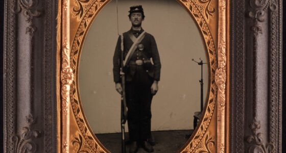 Tintype portrait of a standing Union soldier holding a rifle; a metal posing stand is visible behind him on the right.