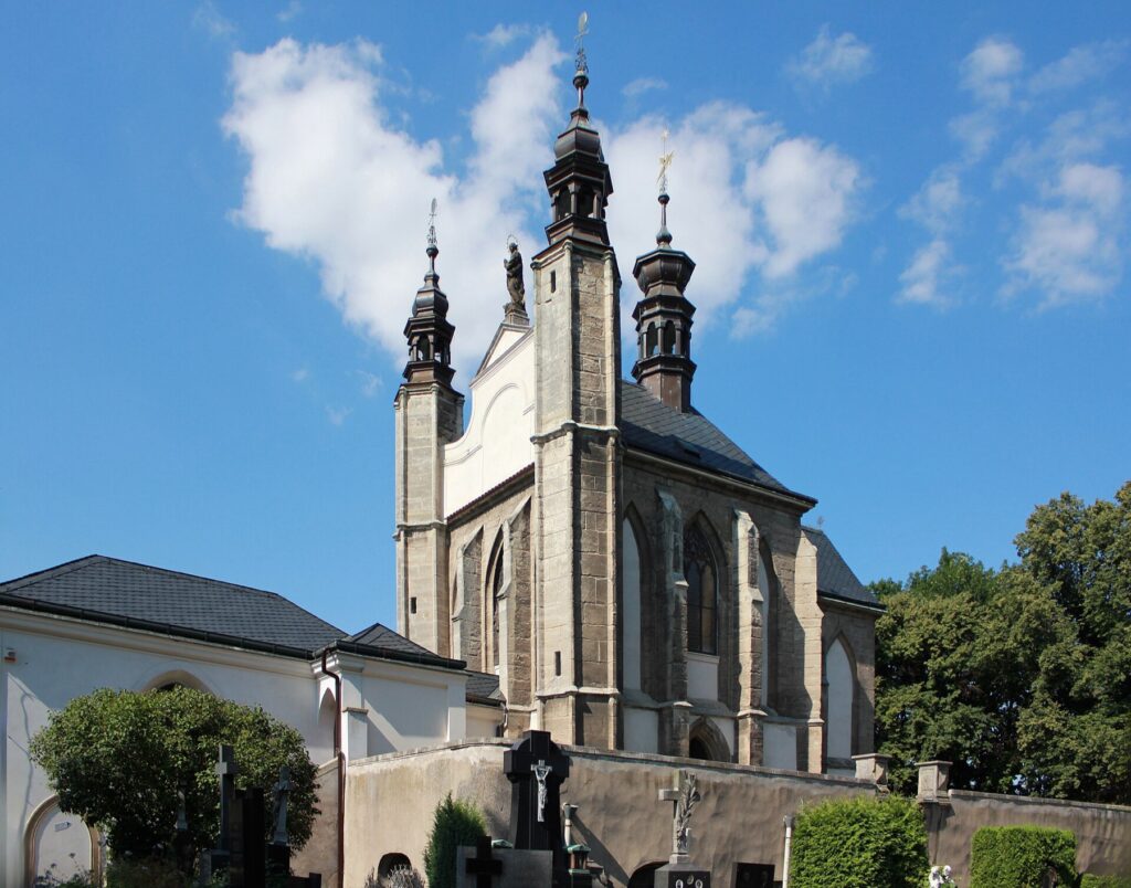 Interior of the Sedlec Ossuary in Kutná Hora with arrangements of human bones and skulls.