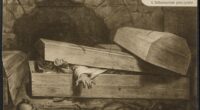 Painting of a man pushing open the lid of his coffin in a dark vault; a postcard reproduction of Antoine Wiertz's The Hasty Burial.