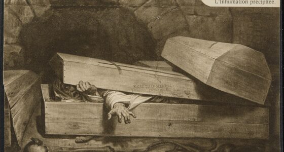 Painting of a man pushing open the lid of his coffin in a dark vault; a postcard reproduction of Antoine Wiertz's The Hasty Burial.
