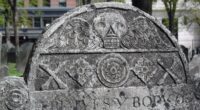 Slate gravestone with a carved winged skull, Granary Burying Ground, Boston.